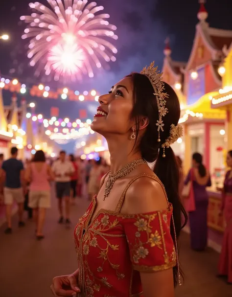 Beautiful woman standing in festival on this night, she looking at firework, happy vibes beauty smile
