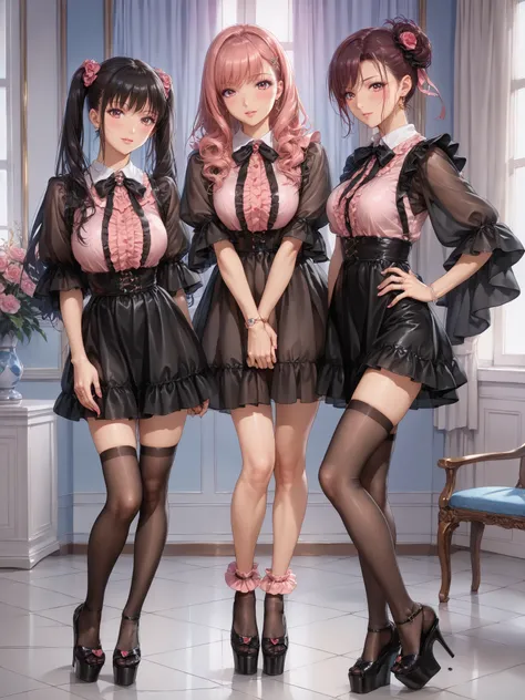 ((inspired by )),((inspired by Animation Style:1.5)),(masterpiece, best quality),beautiful, beautiful-woman, ((detailed face)).(full body:1.3).,
,
,
((The woman is wearing jirai-kei fashion)),pink frilled shirt with short puff sleeves, black neck ribbo...