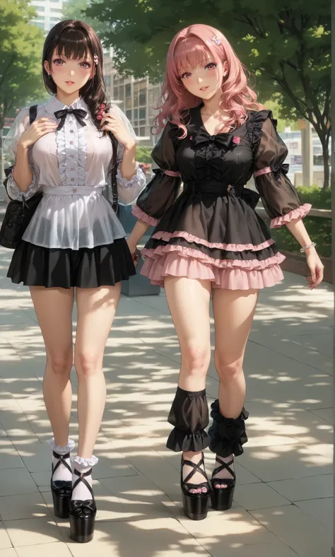 ((inspired by )),((inspired by Animation Style:1.5)),(masterpiece, best quality),beautiful, beautiful-woman, ((detailed face)).(full body:1.3).,
,
,
((The woman is wearing jirai-kei fashion)),pink frilled shirt with short puff sleeves, black neck ribbo...