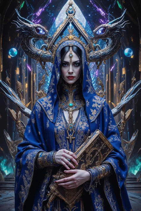 Surreal Paintings, An extravagant, mysterious female figure dressed in intricately embroidered cobalt blue sexy medieval clothing , A jeweled rosary necklace with a large crucifix rests on her shoulder,Allusions to a historical or religious background or p...