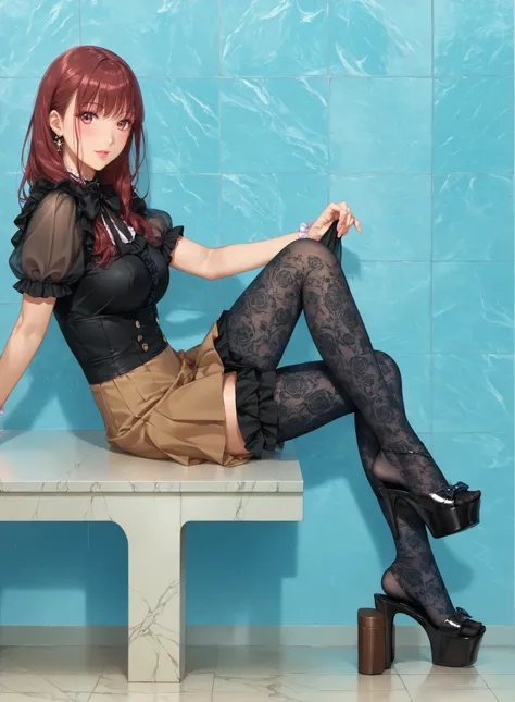 ((inspired by )),((inspired by Animation Style:1.5)),(masterpiece, best quality),beautiful, beautiful-woman, ((detailed face)).(full body:1.3).,
,
,
((The woman is wearing jirai-kei fashion)),pink frilled shirt with short puff sleeves, black neck ribbo...