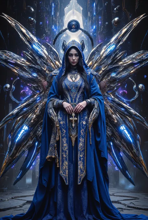 Surreal Paintings, An extravagant, mysterious female figure dressed in intricately embroidered cobalt blue sexy medieval clothing , A jeweled rosary necklace with a large crucifix rests on her shoulder,Allusions to a historical or religious background or p...