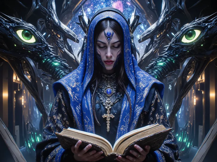 Surreal Paintings, An extravagant, mysterious female figure dressed in intricately embroidered cobalt blue sexy medieval clothing , A jeweled rosary necklace with a large crucifix rests on her shoulder,Allusions to a historical or religious background or p...