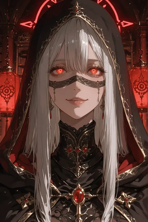 A mysterious scarlet-eyed enchantress with glowing crimson eyes that peer into hidden longings, her gaze a mix of knowing wisdom and subtle warning of unseen costs, glowing eyes, elegant features with high cheekbones and porcelain skin, long straight silve...