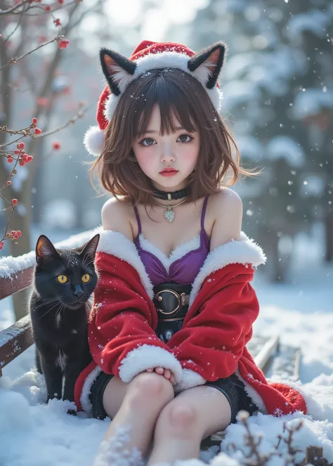 Snowy Suburban、Realistic Brown-Haired Japanese Girl、Beautiful girl sitting on a bench 、A black cat is sitting next to him、Cute Girl Who Cosplayed cat woman、、3D,high image quality、wearing a dingy black and red cloak with a hood、Mini Skirt Dress Incorporatin...
