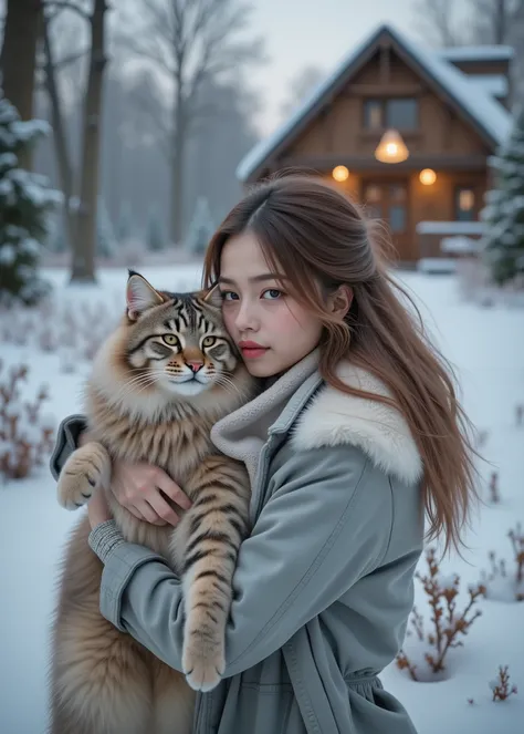 A beautiful woman is holding a big cat in the snowy garden、Norwegian cat、I can see the light from the window of the house behind、The women are wearing casual clothes