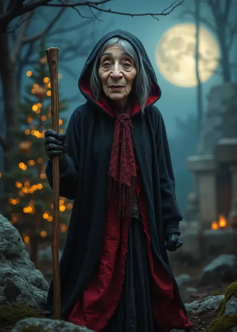 Halloween and Christmas Fusion、Realistic grey haired old woman、Big aquiline nose、Big Split Mouth、crooked posture、Long walking stick、dead tree、stone tomb、bonfire、 warm light shines on the 、Moonlit Night、Christmas tree、3D,high image quality、wearing a dingy b...