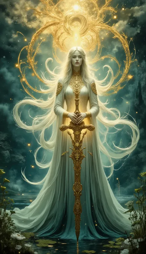 Portrayal of an ancient tale very vivid in a high fantasy expressionist style with abstract beauty, Ethereal and beautiful Lady of the Lake emerging from crystal clear sacred waters, holding the legendary broadword Excalibur sword above surface point skyw...