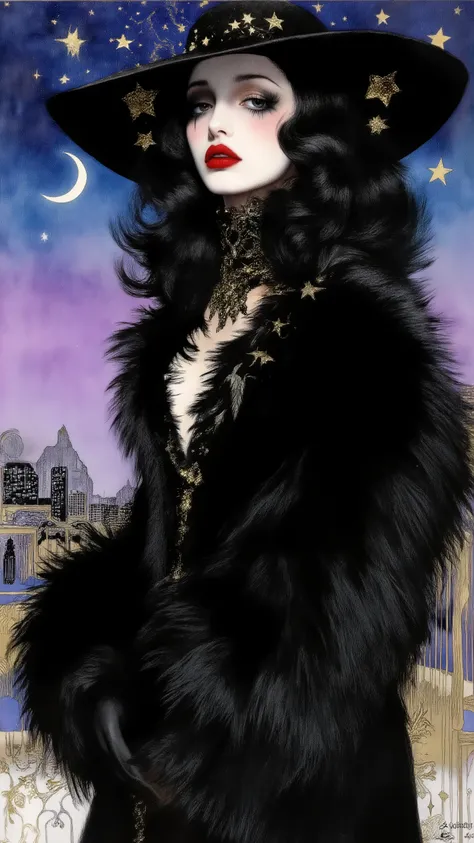 close-up 1 mysterious beautiful woman,Beautiful movie actress,A bewitching, wickedly seductive,dynamic pose,from side,solo,Femme fatale,Her face is half-hidden by hat,dynamic  pose,dynamic angle,A woman clad in a luxurious jet-black fur coat and Wide-brimm...