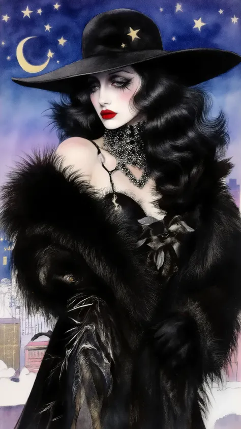 close-up 1 mysterious beautiful woman,Beautiful movie actress,A bewitching, wickedly seductive,dynamic pose,from side,solo,Femme fatale,Her face is half-hidden by hat,dynamic  pose,dynamic angle,A woman clad in a luxurious jet-black fur coat and Wide-brimm...