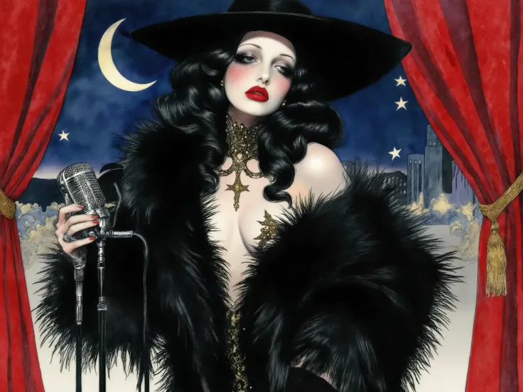 close-up 1 mysterious beautiful woman,Beautiful Chanson singer, microphone stand,Deep red velvet curtains, singing,dramatic lighting, burlesque,A bewitching, wickedly seductive,dynamic pose,from side,solo,Femme fatale,Her face is half-hidden by hat,dynamic...