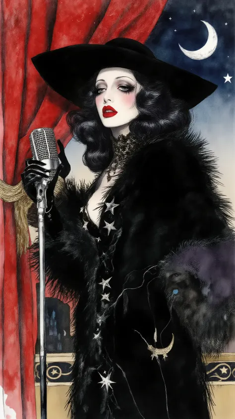 close-up 1 mysterious beautiful woman,Beautiful Chanson singer, microphone stand,Deep red velvet curtains, singing,dramatic lighting, burlesque,A bewitching, wickedly seductive,dynamic pose,from side,solo,Femme fatale,Her face is half-hidden by hat,dynamic...