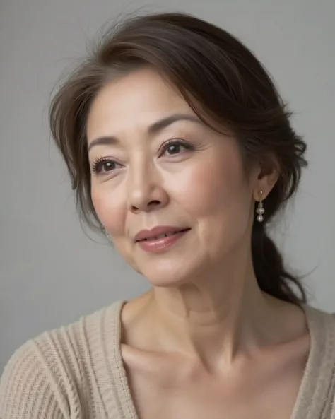Japanese mature woman, solo, seductive aura, sensual expression, elegant and confident, soft lighting, visible wrinkles around eyes and mouth, natural aging signs, age 80s, realistic skin texture, slight sagging skin, high detail, photorealistic, studio po...