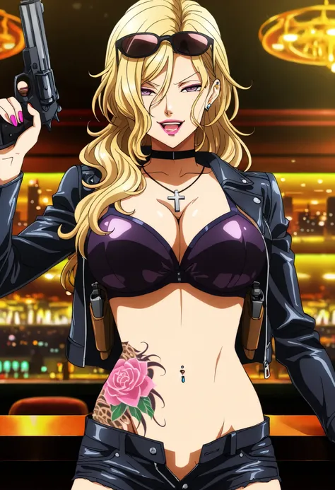 (1 girl),(solo), Rui \( Okusama no Kaifuku Jutsu\), blonde hair, long hair, purple eyes, lips, lipstick, makeup,mature,sexy, (anime coloring, anime screencap:1.2), 1girl,,, solo,, lipstick, nail polish, ear piercing, long hair, , lipstick, Hot girl, baddie...