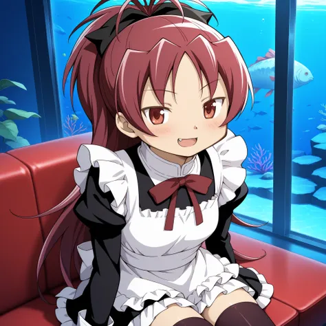 absurdres, highres, masterpiece, best quality, amazing quality, anime style, anime capture, anime screen, 1girl, solo, mahou shoujo madoka magica, sakura kyoko, red eyes, red hair, ponytail, long hair, hair bow, maid outfit, blush, seductive smile, open mo...