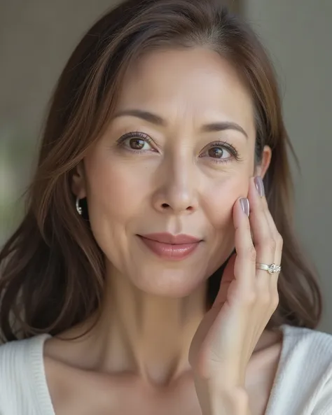 Japanese mature woman, solo, seductive aura, sensual expression, elegant and confident, soft lighting, visible wrinkles around eyes and mouth, natural aging signs, age 80s, realistic skin texture, slight sagging skin, high detail, photorealistic, studio po...