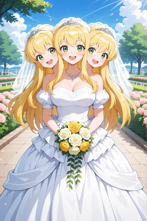 conjoined, anime girl with three heads, long blond hair, green eyes, wedding dress, happy, outdoor wedding venue