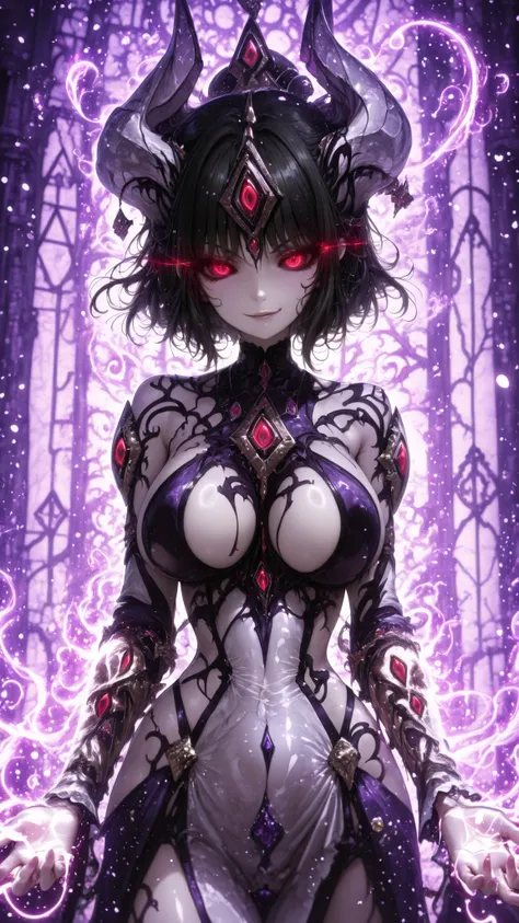 (Best quality, Dramatic cinematic lighting, High gloss finish, Masterpiece:1.5, Natural lights, Semi-realistic, Super details, Ultra detailed:1.5, Ultra HD, 32K),
solo, Shem-Ha, black hair, short hair, glowing eyes, red eyes, black sclera, indoor, smirk, ...