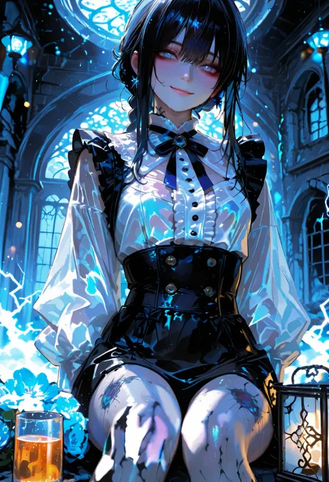 Haunted Castle、1 Midnight、The girl who lost her way、long black hair，Lanterns in hands、Lantern Lights、I'm not scared at all!、Lightning echoes、girl wet in the rain、big mansion like a castle、 Ghosts、dimly lit room、State of Ruins、Only ghost eyes light up，short...