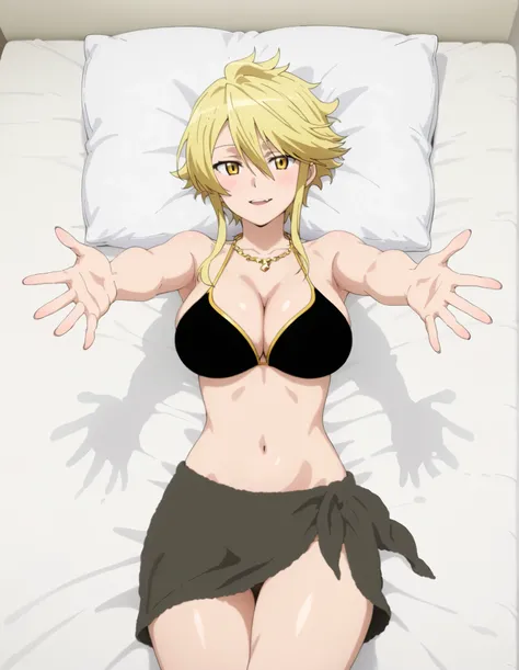 aaleone, short hair, blonde hair, yellow eyes, in a bikini laying in bed with her arms out, anime girl, seductive girl, sexy, pixiv