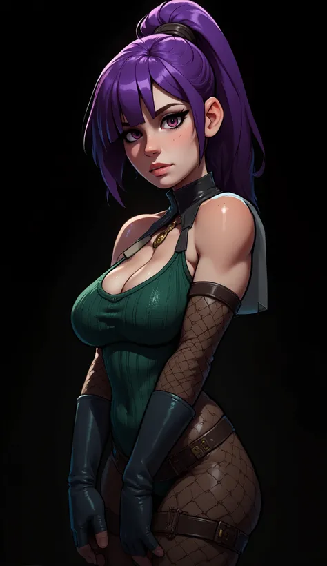 best quality, 4k, extremely detailed, sadness mood:2, hopelessness:1.5, masterpiece, (5 fingers hands), ((rogue girl)), leather gloves, (((knitted dark green leotard))), white fur, upper short ponytail haircut, violet hair, (((very sad face))), (((tears)))...