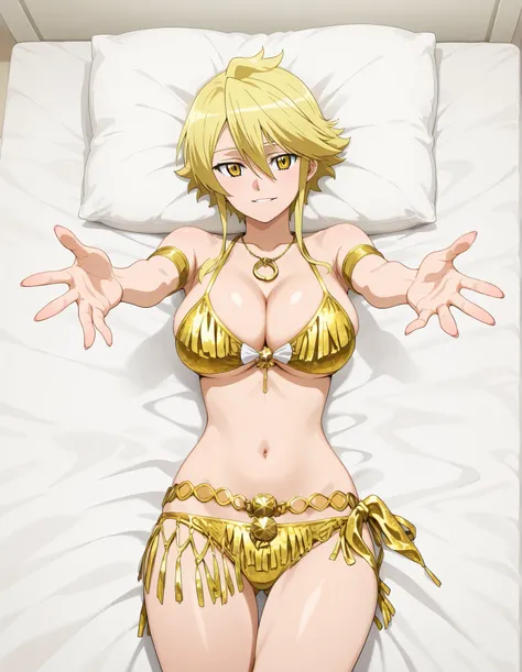 aaleone, short hair, blonde hair, yellow eyes, in a bikini laying in bed with her arms out, anime girl, seductive girl, sexy, pixiv