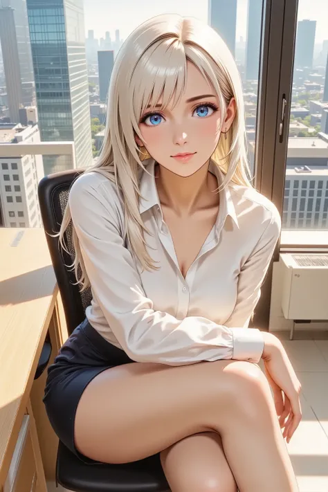 best quality, masterpiece, anime style, high angle shot, beautiful office lady, attractive woman, sitting on a desk, legs crossed, professional tight skirt, white blouse, alluring pose, confident smile, wind blowing hair, detailed eyes, city background, so...