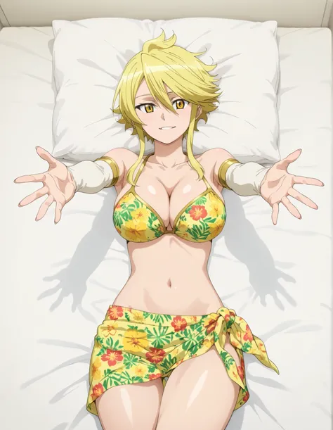 aaleone, short hair, blonde hair, yellow eyes, in a bikini laying in bed with her arms out, anime girl, seductive girl, sexy, pixiv