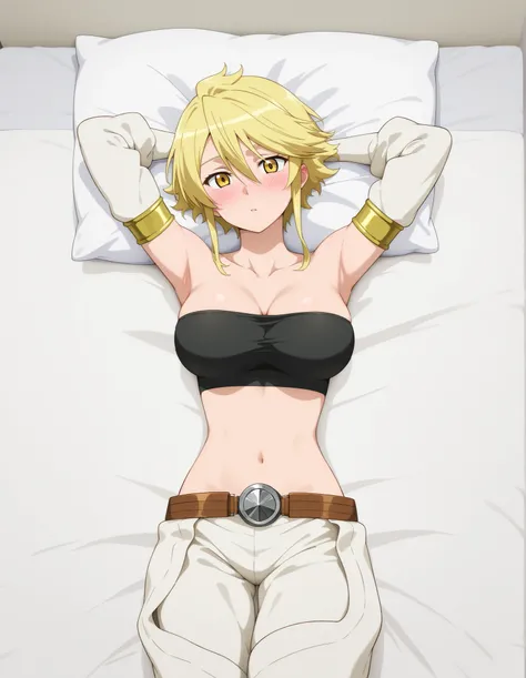 aaleone, short hair, blonde hair, yellow eyes, white, strapless, black tube top, midriff, belt, black panties, chaps, white pants, sleep on white bed, lay on bed, blushing