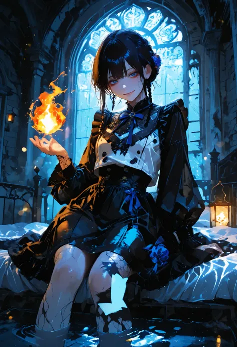 Haunted Castle、1 Midnight、The girl who lost her way、long black hair，Fireball in hand、Lantern Lights、I'm not scared at all!、Lightning echoes、girl wet in the rain、big mansion like a castle、 Ghosts、dimly lit room、State of Ruins、Only ghost eyes light up，shortc...