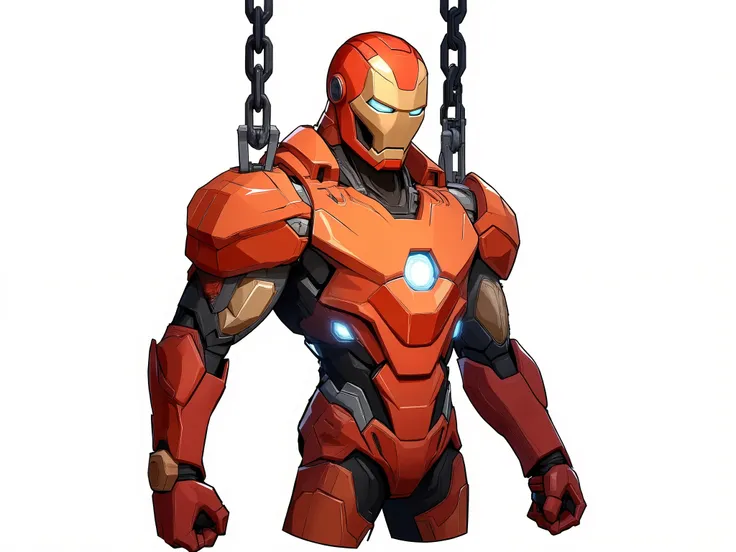 A upperbody of shutdown ironman armour hanging in chains, shutdown helmet is attached to the armour, the armour has no legs and no thighs, orange colour with silver accents, triangular arc reactor on the chest, sleek athletic body, 2.5D cartoon style, 8K u...