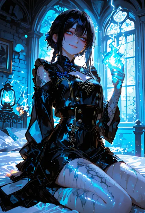 Haunted Castle、1 Midnight、The girl who lost her way、long black hair，Fireball in hand、Lantern Lights、I'm not scared at all!、Lightning echoes、girl wet in the rain、big mansion like a castle、 Ghosts、dimly lit room、State of Ruins、Only ghost eyes light up，shortc...