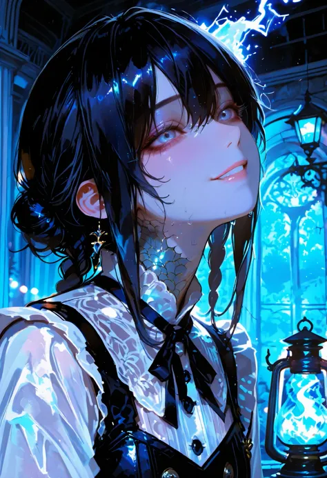 Haunted Castle、1 Midnight、The girl who lost her way、long black hair，Fireball in hand、Lantern Lights、I'm not scared at all!、Lightning echoes、girl wet in the rain、big mansion like a castle、 Ghosts、dimly lit room、State of Ruins、Only ghost eyes light up，shortc...