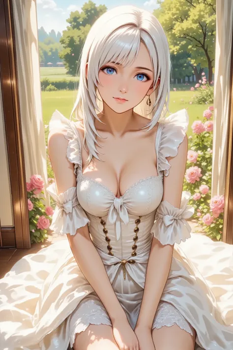 anime style、High Angle Shot、Elegant Late Teenage Woman、Luxurious Rococo Dress with Ruffles and Lace、big ribbon、Poses with slightly bent knees、Smile、makeup、red lips、Inside a blooming garden、Bright Sunlight、delicate use of colors、flying、Detailed Decorations