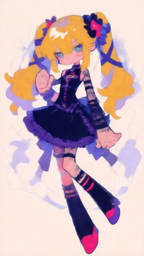 female middle school student、very cute girl、、angelic smiles、 BREAK、Blonde、side braids、long hair、 thin hair、promo art with expressive hair、Dynamic Hair、 BREAK、Sleeveless Dress、Black Gothic Dress、ruffles、extra short skirt、black heart pattern tie、red pumps、 B...