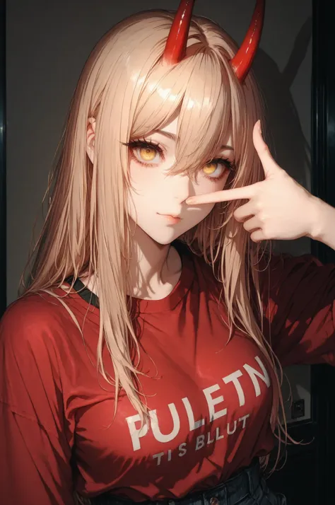 power_v1, 1girl, red horns, long hair, hair between eyes, red shirt , shorts, yellow eyes, high definition eyes, detailed eyes, high gradient eyes, eyesHD, finger frame, 1girl, solo, upper body view, the girl is very beautiful, the girl has an incredibly b...