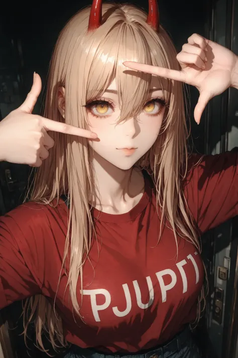 power_v1, 1girl, red horns, long hair, hair between eyes, red shirt , shorts, yellow eyes, high definition eyes, detailed eyes, high gradient eyes, eyesHD, finger frame, 1girl, solo, upper body view, the girl is very beautiful, the girl has an incredibly b...