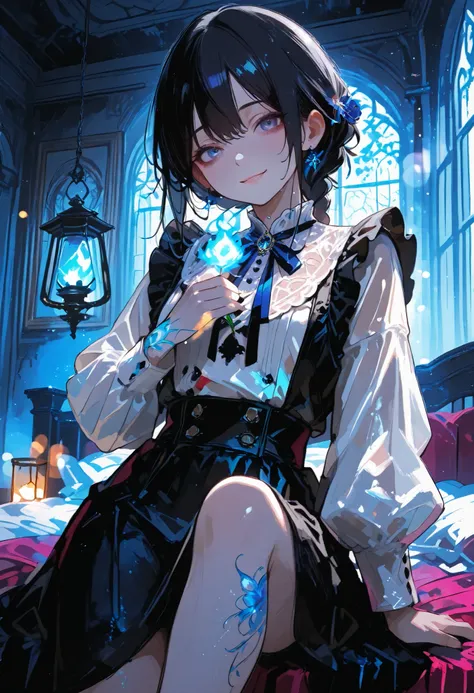 Haunted Castle、1 Midnight、The girl who lost her way、long black hair，Fireball in hand、Lantern Lights、I'm not scared at all!、Lightning echoes、girl wet in the rain、big mansion like a castle、 Ghosts、dimly lit room、State of Ruins、Only ghost eyes light up，shortc...