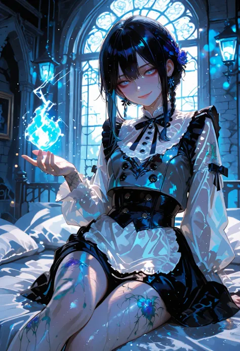 Haunted Castle、1 Midnight、The girl who lost her way、long black hair，Fireball in hand、Lantern Lights、I'm not scared at all!、Lightning echoes、girl wet in the rain、big mansion like a castle、 Ghosts、dimly lit room、State of Ruins、Only ghost eyes light up，shortc...