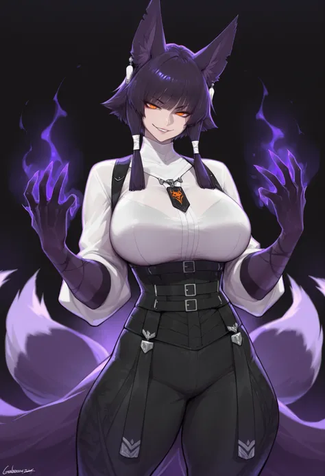 gorgeous kitsune girl, beautiful face, kitsune, hair of ash-purple color, beautiful woman, orange eyes, slit pupils, volputrous body, toned woman, curvy and athletic, fox ears, short hair,white shirt, black buggy pants, dark corrupted hands, fox tail, sly ...