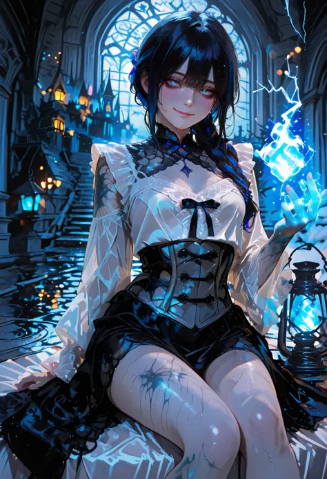 Haunted Castle、1 Midnight、The girl who lost her way、long black hair，Fireball in hand、Lantern Lights、I'm not scared at all!、Lightning echoes、girl wet in the rain、big mansion like a castle、 Ghosts、dimly lit room、State of Ruins、Only ghost eyes light up，shortc...