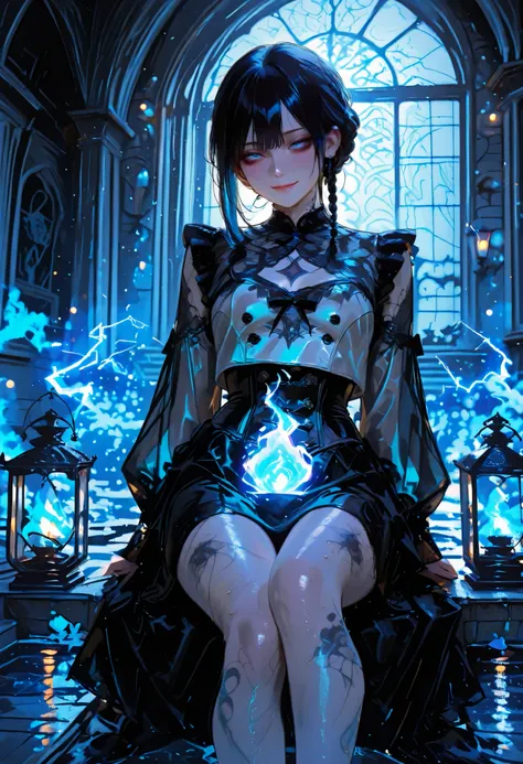 Haunted Castle、1 Midnight、The girl who lost her way、long black hair，Fireball in hand、Lantern Lights、I'm not scared at all!、Lightning echoes、girl wet in the rain、big mansion like a castle、 Ghosts、dimly lit room、State of Ruins、Only ghost eyes light up，shortc...