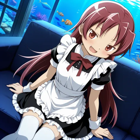 absurdres, highres, masterpiece, best quality, amazing quality, anime style, anime capture, anime screen, 1girl, solo, mahou shoujo madoka magica, sakura kyoko, red eyes, red hair, long hair, hair down, maid outfit, blush, seductive smile, open mouth, fang...