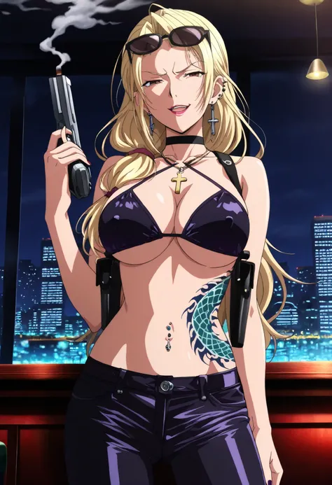 ((masterpiece)),(((best quality))),((ultra-detailed)),((illustration)),((disheveled hair)),,(1 girl),(solo), Lihtel \( Samayou Midara na Lunatics\),blonde hair,brown eyes,(anime coloring , anime screencap:1.2),(,mature,sexy, dominatrix,Smirk,1girl, dark_fa...