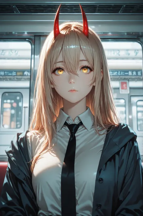 power_v1, 1girl, red horns, long hair, hair between eyes, black necktie, shirt, jacket, yellow eyes, high definition eyes, detailed eyes, high gradient eyes, eyesHD, 1girl, solo, upper body view, the girl is very beautiful, the girl has an incredibly beaut...