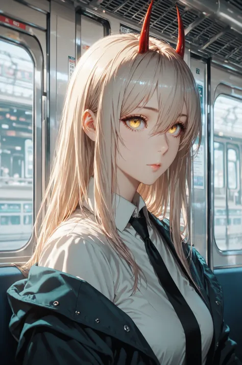 power_v1, 1girl, red horns, long hair, hair between eyes, black necktie, shirt, jacket, yellow eyes, high definition eyes, detailed eyes, high gradient eyes, eyesHD, 1girl, solo, upper body view, the girl is very beautiful, the girl has an incredibly beaut...