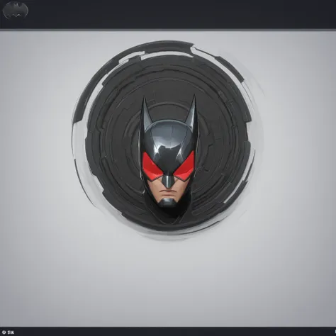 Batman helmet design, high-tech helmet design, red visor screen, 2.5D cartoon style, 8K ultra HD, high quality, internal wires coming out of the armour, bold black outlines, white background with black bat symbol, dynamic view, front view,