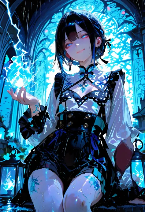 Haunted Castle、1 Midnight、The girl who lost her way、long black hair，Fireball in hand、Lantern Lights、I'm not scared at all!、Lightning echoes、girl wet in the rain、big mansion like a castle、 Ghosts、dimly lit room、State of Ruins、Only ghost eyes light up，shortc...