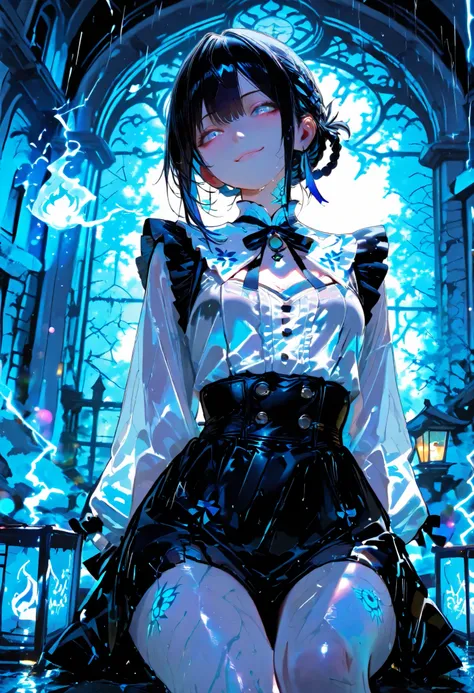 Haunted Castle、1 Midnight、The girl who lost her way、long black hair，Fireball in hand、Lantern Lights、I'm not scared at all!、Lightning echoes、girl wet in the rain、big mansion like a castle、 Ghosts、dimly lit room、State of Ruins、Only ghost eyes light up，shortc...