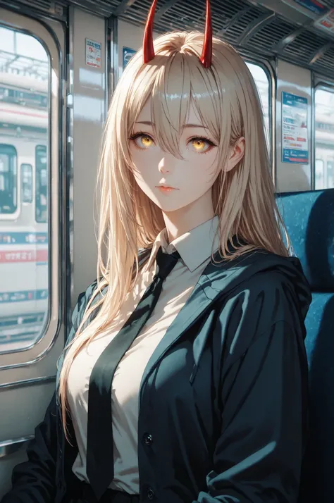 power_v1, 1girl, red horns, long hair, hair between eyes, black necktie, shirt, jacket, yellow eyes, high definition eyes, detailed eyes, high gradient eyes, eyesHD, 1girl, solo, upper body view, the girl is very beautiful, the girl has an incredibly beaut...